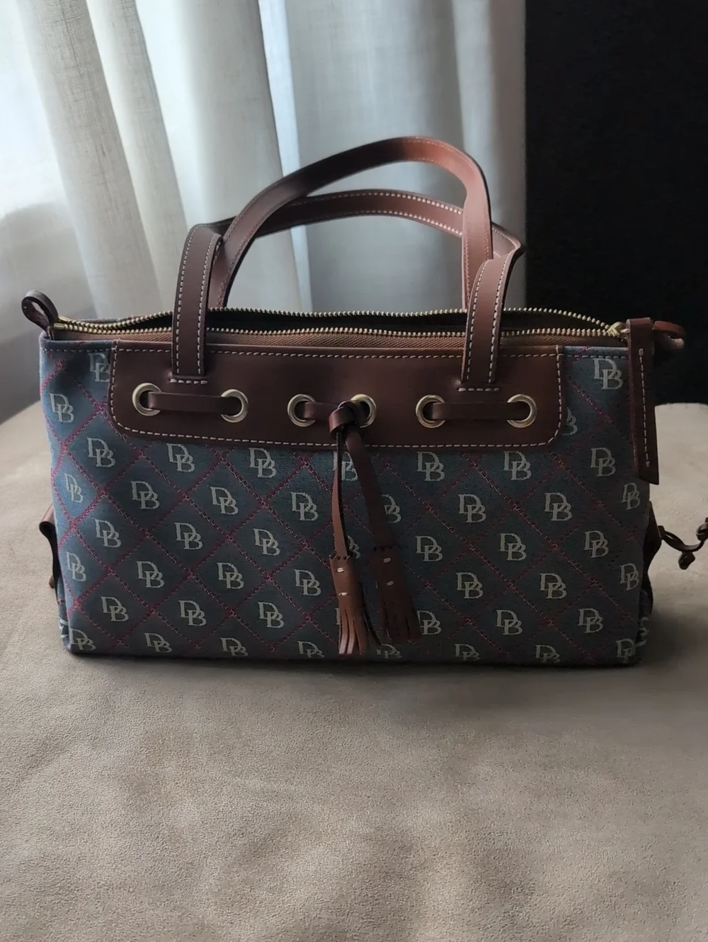 Dooney & Bourke Brown and Blue Logo-Print Satchel